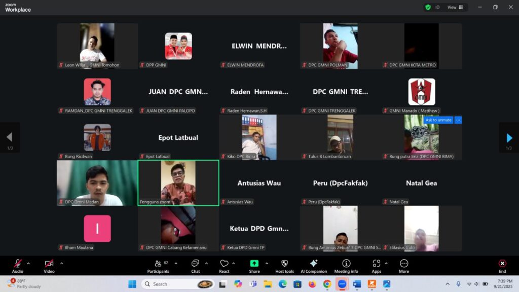 DPP GMNI) menggelar konsolidasi nasional secara daring bersama seluruh DPD dan DPC se-Indonesia, pada Minggu, 21 September 2025.(Foto : Dok. DPP GMNI)